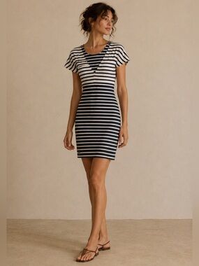Lacoste 100% Cotton Knit Dark Navy & White Striped Bodycon Dress